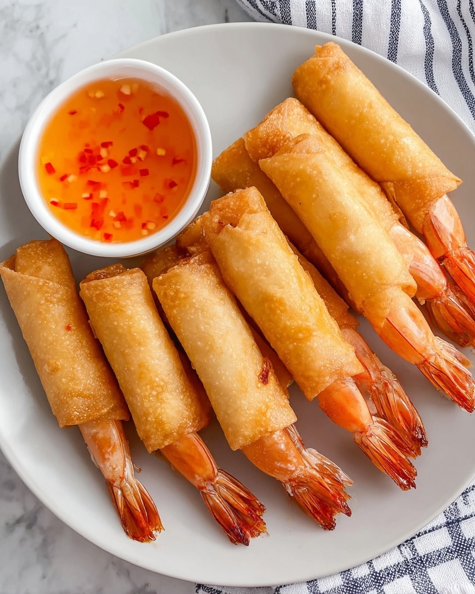 A round white plate on a white marbled surface holds a neat stack of golden-brown fried shrimp spring rolls, each roll wrapped tightly with the shrimp tail sticking out on one side, showing a shiny orange-pink color. On the right side of the plate, a smaller white bowl contains a bright orange dipping sauce with visible red chili pieces, giving a glossy texture. The image shows a clean and simple presentation with warm tones from the crispy spring rolls contrasting the vibrant sauce, photo taken with an iphone --ar 4:5 --v 7