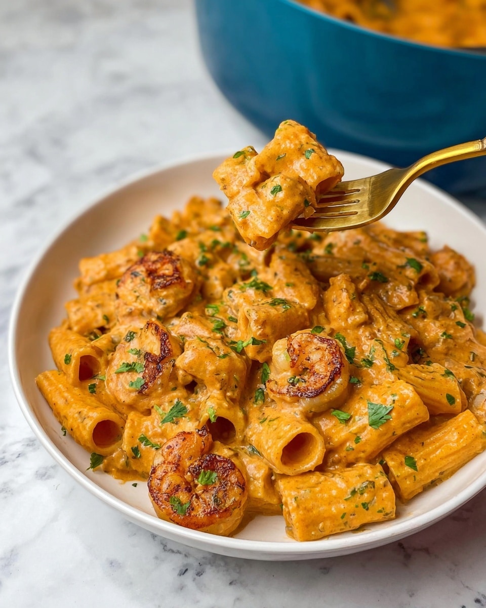 A white plate holds a creamy rigatoni pasta dish covered in a thick, orange-colored sauce speckled with green herbs and tiny bits of red, giving a rich texture to the sauce. The rigatoni tubes are fully coated, with some pieces showing hollow openings. On top, slightly browned shrimp pieces add a golden contrast and texture, while chopped parsley and black pepper flakes are lightly sprinkled over the entire dish, giving a fresh and spicy look. The plate is set on a white marbled surface. Photo taken with an iphone --ar 4:5 --v 7