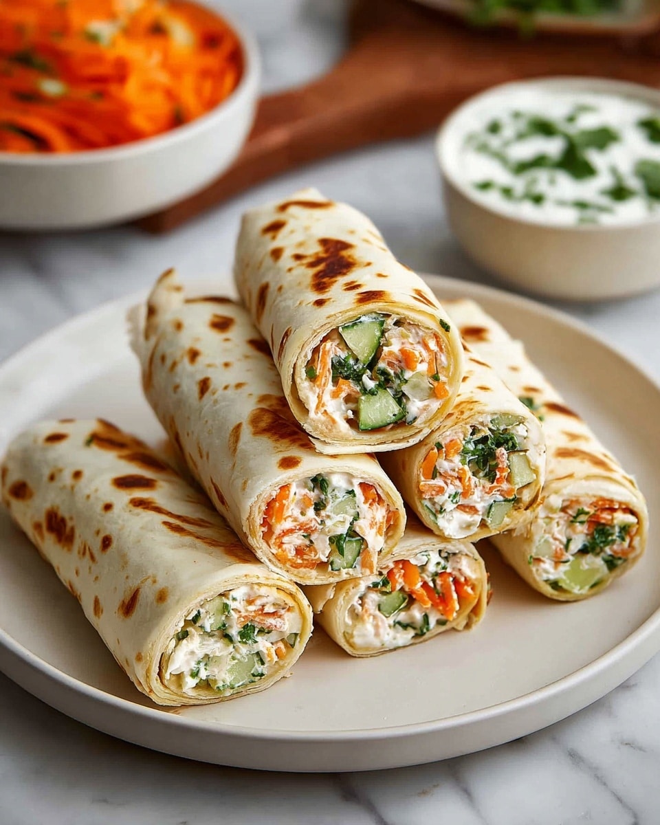 A white plate on a white marbled surface holds five wraps, four of which are cut in half to show their inside layers, while one is whole. The wraps have light golden-brown toasted spots on their soft, thin outer tortillas. Inside, the filling is a mix of creamy white spread, finely chopped green herbs, bright orange carrot pieces, and dark green cucumber slices, creating a fresh and colorful contrast. In the blurred background, there is a white bowl with orange salad and another white bowl with a white creamy sauce garnished with green herbs. photo taken with an iphone --ar 4:5 --v 7