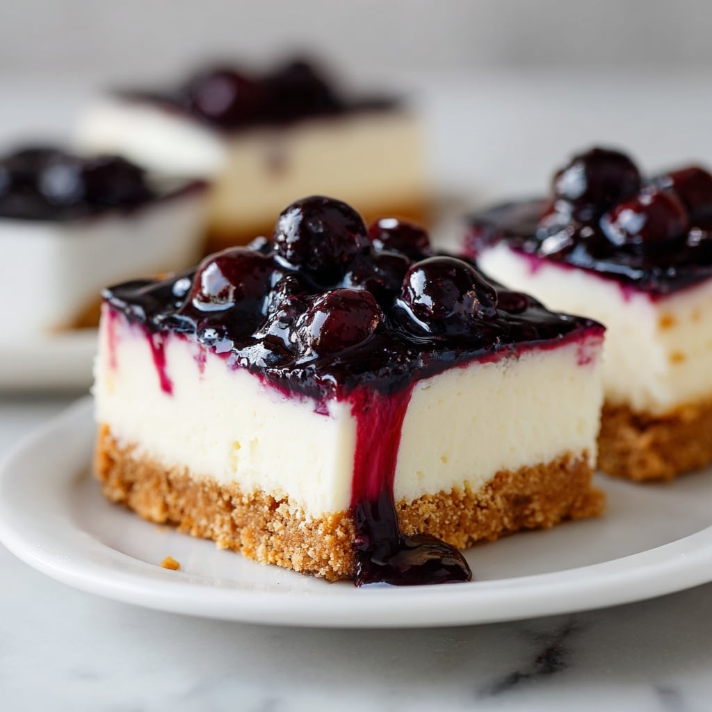 The image shows a square slice of no bake blueberry cheesecake bars on a white plate set on a white marbled surface. The dessert has three clear layers: a crumbly golden-brown base layer at the bottom, a thick smooth white creamy cheesecake middle layer, and a shiny dark purple blueberry topping at the top with whole blueberries glistening in a glossy blueberry sauce. The edges of the crust are uneven, and the blueberry topping slightly drips down the sides, adding a rich contrast to the white cheesecake layer below. photo taken with an iphone --ar 4:5 --v 7