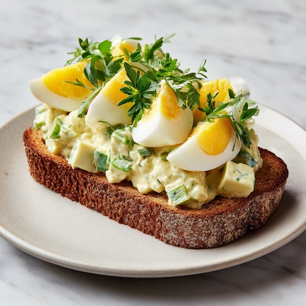 A single slice of brown bread topped with a thick layer of greenish-yellow avocado egg salad mixed with small white egg pieces and bits of green herbs, garnished with three halved boiled eggs showing bright yellow yolks and white edges, all placed on a white plate set on a white marbled surface with a beige cloth underneath. Photo taken with an iphone --ar 4:5 --v 7