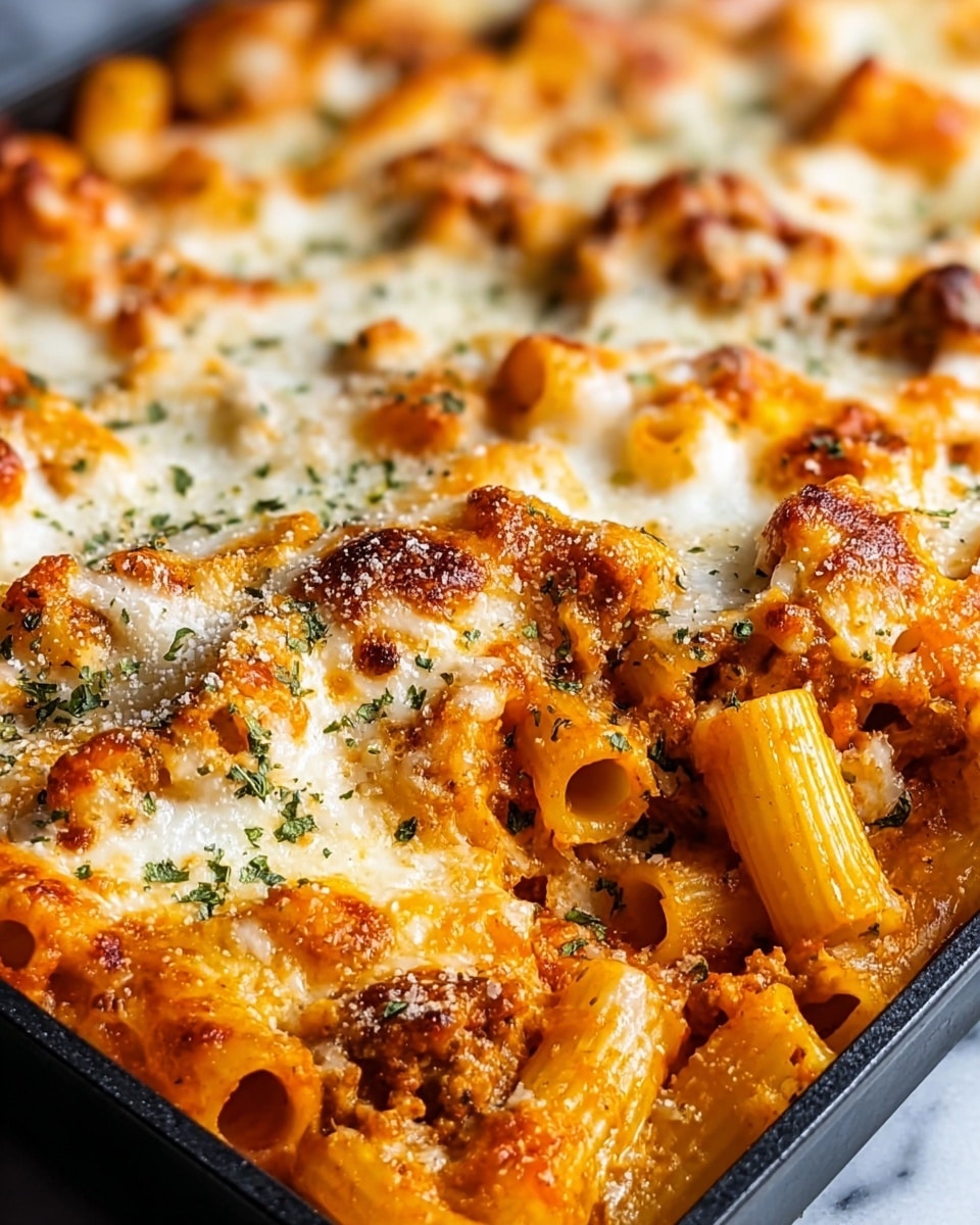 A close-up view of baked ziti pasta showing a single thick layer with rigatoni pasta tubes coated with a bright orange tomato sauce mixed with chunks of light brown cooked meat and creamy white ricotta cheese. The top is covered with melted white mozzarella cheese that has golden brown roasted spots and is sprinkled with green dried herbs and a light dusting of grated white Parmesan cheese. The dish is in a black baking pan placed on a white marbled surface, and the focus is on the rich texture and vibrant colors of the pasta and cheese. Photo taken with an iphone --ar 4:5 --v 7