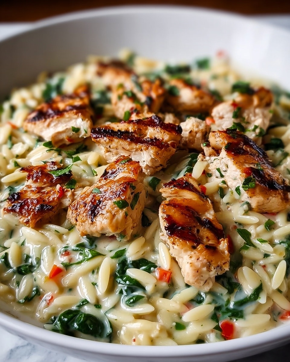 A close-up view of a white bowl filled with creamy orzo pasta that is light yellow and glossy, mixed with small pieces of chopped green spinach and tiny red pepper bits. On top and mixed in are several browned, grilled chicken chunks with a crispy, slightly charred outer texture and juicy inside. The dish is thick and rich, with the orzo and greens coated in a creamy sauce, surrounded by the browned chicken pieces around the bowl's edges and center. The background is a white marbled texture. photo taken with an iphone --ar 4:5 --v 7
