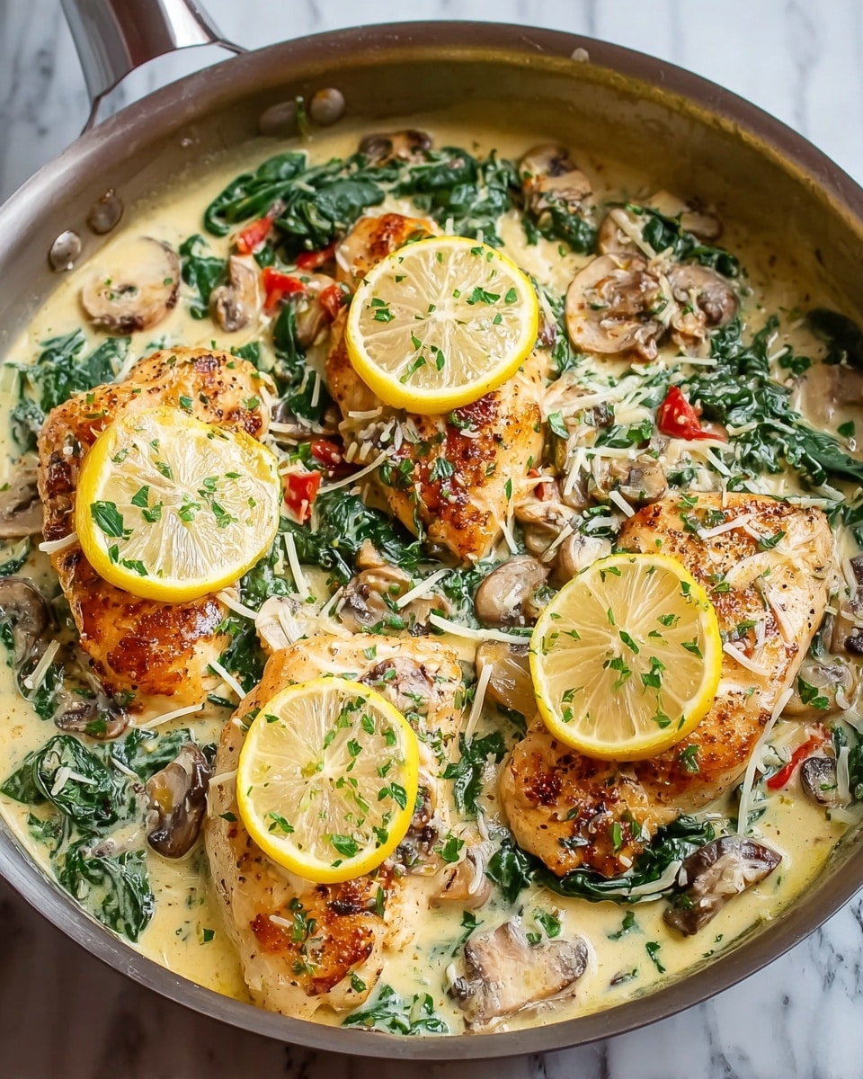 A skillet filled with four pieces of golden brown cooked chicken breasts, each topped with a thin bright yellow lemon slice. The chicken is partly covered by a creamy light beige sauce mixed with dark green spinach leaves, small beige mushroom slices, and bits of red bell pepper. Thin strands of white shredded cheese are scattered over the chicken and sauce, with finely chopped green herbs sprinkled throughout. The skillet is placed on a white marbled surface. photo taken with an iphone --ar 4:5 --v 7