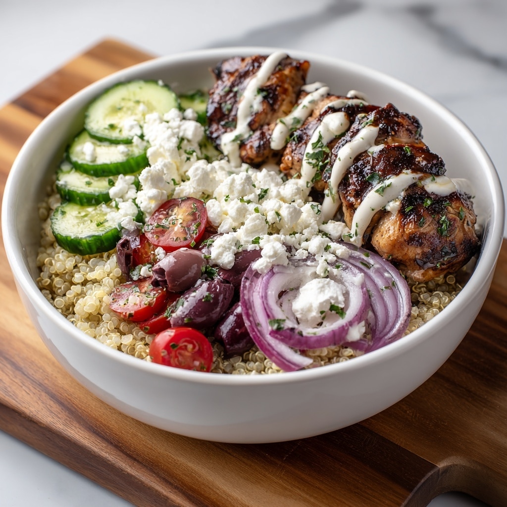 A white bowl filled with a colorful Mediterranean dish arranged in layers starting with a base of fluffy light beige quinoa. On top, there are grilled chicken pieces with a dark brown char and a drizzle of creamy white sauce, placed slightly to the left. Around the chicken, there are bright green cucumber slices with some creamy white sauce, white crumbly feta cheese, dark purple Kalamata olives, vibrant red cherry tomatoes sprinkled with green herbs, and thinly sliced purple onions also topped with white sauce and herbs. The bowl rests on a wooden board with a white marbled texture surface in the background. Photo taken with an iphone --ar 4:5 --v 7