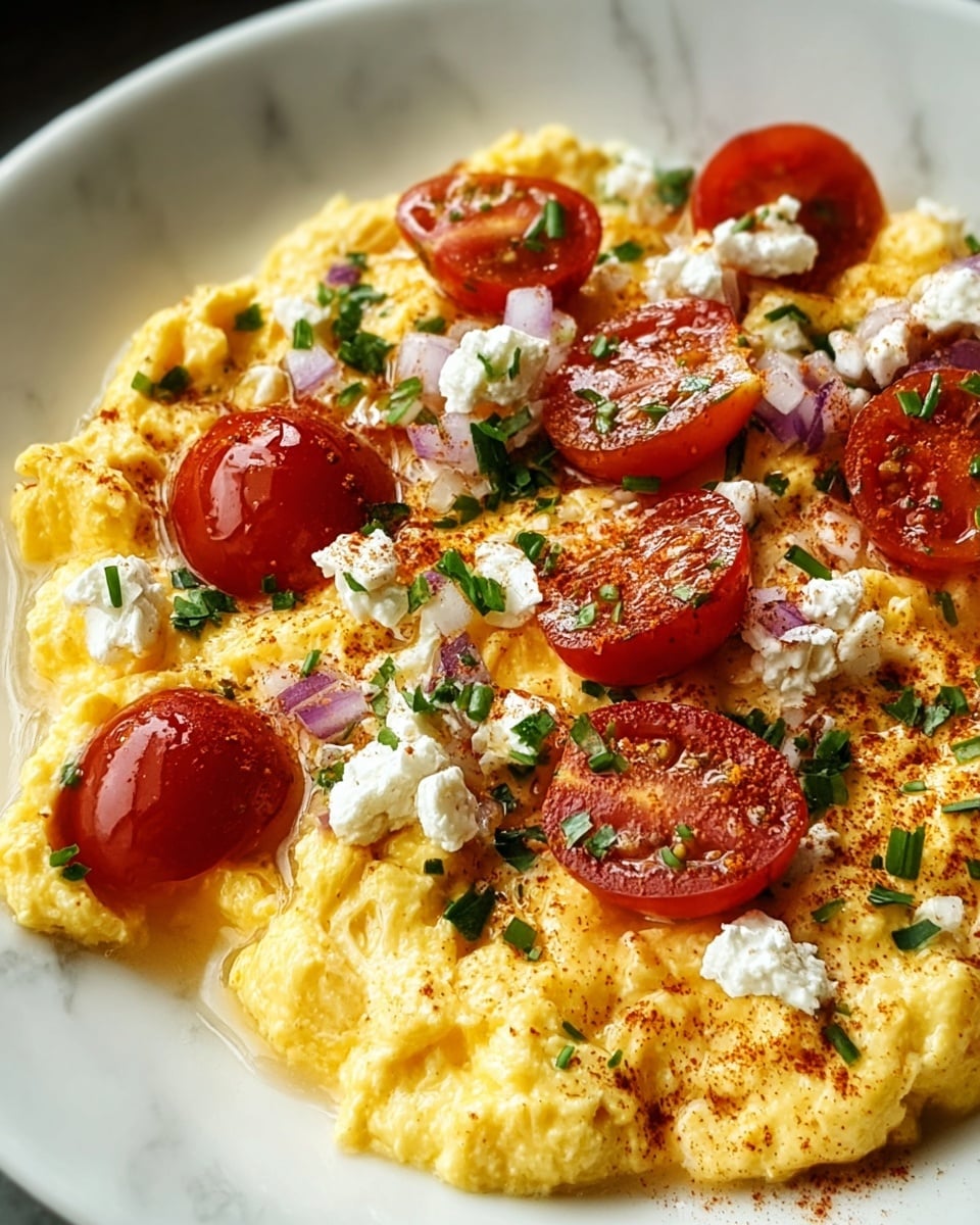 A close-up of a white bowl filled with creamy yellow scrambled eggs as the base layer, topped with vibrant red cherry tomato halves placed evenly around the eggs. Scattered on top are small chunks of white cheese and finely chopped green herbs. Light red onion pieces and a dusting of reddish spice add color contrast and texture to the dish. The bowl rests on a white marbled surface, emphasizing the bright colors of the food. photo taken with an iphone --ar 4:5 --v 7