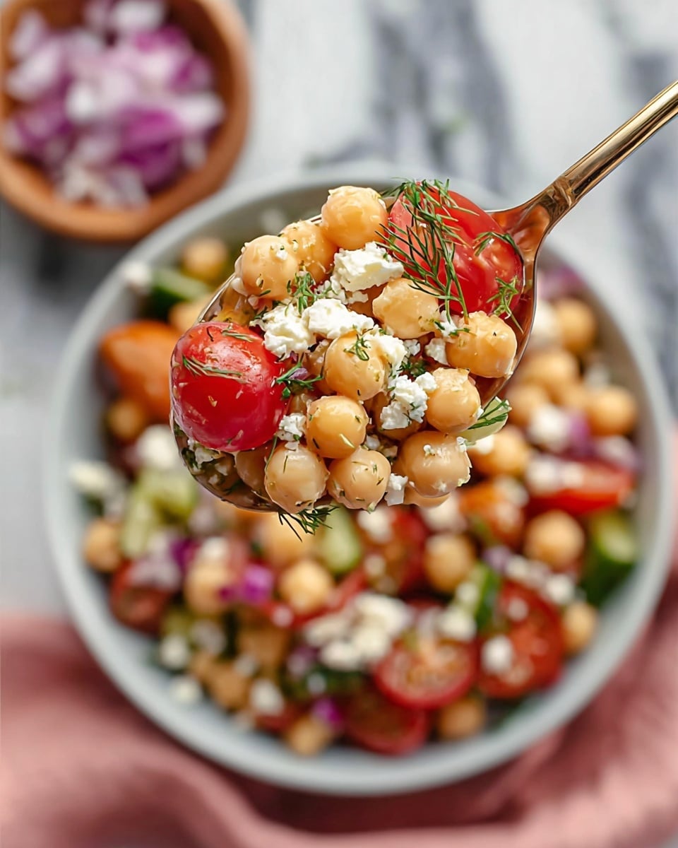 A close-up view of a silver spoon filled with a fresh salad showing three main layers: at the bottom, light beige chickpeas with a smooth round texture, in the middle, bright red halved cherry tomatoes with a juicy inside, and scattered on top, crumbled white feta cheese with a soft crumbly texture, along with small green sprigs of dill and tiny bits of chopped red onion. The spoon is held above a white bowl filled with the same vibrant salad mixture, placed on a white marbled surface with a soft pink cloth partially visible below the bowl, and a small wooden bowl with chopped red onions blurred in the background. photo taken with an iphone --ar 4:5 --v 7