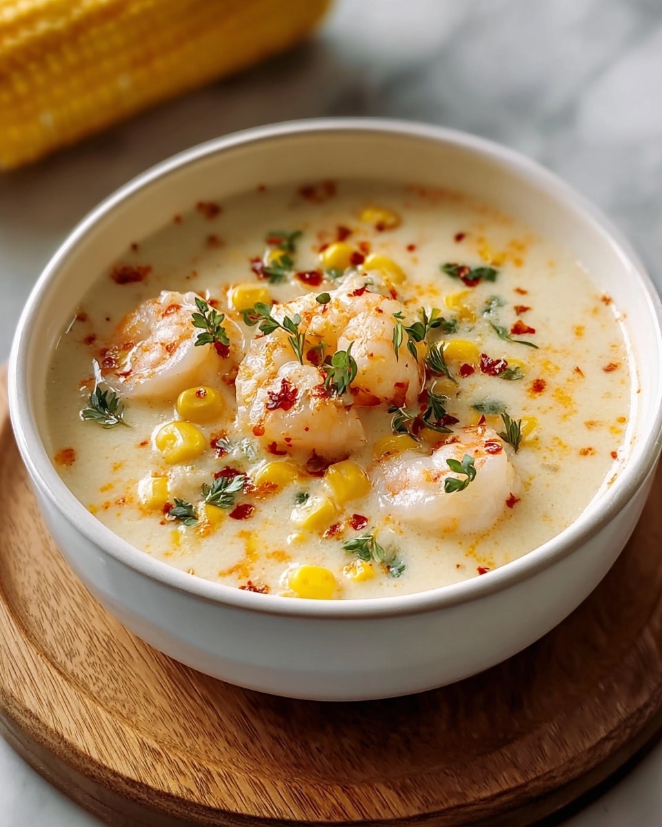 A close-up view of a white bowl filled with creamy light yellow soup, showing about seven pinkish-white shrimp pieces scattered on top. The soup contains bright yellow corn kernels and small bits of red pepper, with a few green herb leaves sprinkled across the surface. The creamy soup has a smooth texture, and there is fine black pepper sprinkled over everything. The bowl sits on a wooden surface with a white marbled texture background. Photo taken with an iphone --ar 4:5 --v 7