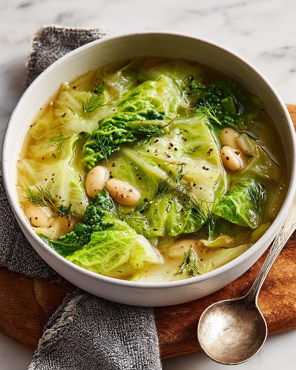 The image shows a bowl of soup filled with layers of light green cabbage leaves, white beans, and small green herb sprigs, all floating in a clear, golden broth. The soup’s surface is lightly sprinkled with cracked black pepper, adding small dark spots. The bowl is white, round, and rests on a wooden board with a grey and white textured cloth beside it. A large, slightly tarnished silver spoon lies next to the bowl. The background features a clean white marbled texture. photo taken with an iphone --ar 4:5 --v 7