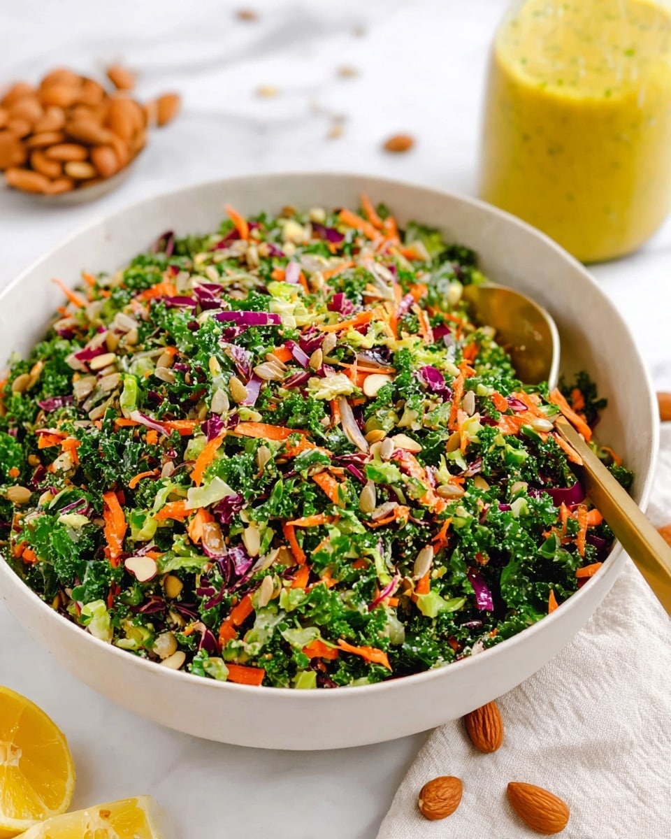 A large white bowl filled with a colorful chopped salad made of finely shredded green kale, orange carrot pieces, small chunks of green broccoli, red cabbage shreds, and scattered light brown sunflower seeds; a golden spoon is resting inside the bowl on a white marbled texture surface, next to whole almonds and a few lemon wedges in the background with a glass jar of yellow dressing behind the bowl photo taken with an iphone --ar 4:5 --v 7
