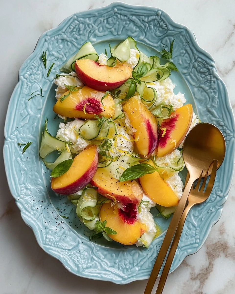 The dish consists of a single-layered light blue ornate plate filled with a mix of creamy white cheese torn into soft lumps, topped with several bright yellow-orange peach halves showing a deep red center. Thin, curled ribbons of pale green cucumber are spread throughout and mixed with scattered fresh green basil leaves and small lemon zest curls. A sprinkling of black pepper and tiny herb leaves add contrast, with a gold fork and spoon placed on the right side of the plate. The background is a white marbled texture. photo taken with an iphone --ar 4:5 --v 7