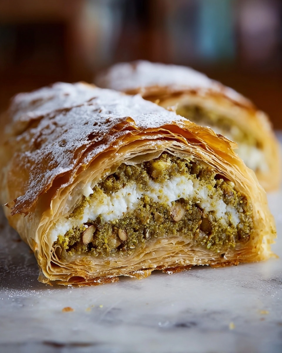 The image shows a close-up of a nut-filled pastry roll cut in half, revealing multiple thin, golden-brown flaky layers on the outside that are crisp and slightly dusted with powdered sugar. Inside, there are three visible layers of white, soft dough, each separated by a thick greenish-brown nut filling made of chopped nuts and spices, appearing textured and slightly moist. The pastry sits on a white marbled surface with a blurred background giving the photo depth. photo taken with an iphone --ar 4:5 --v 7