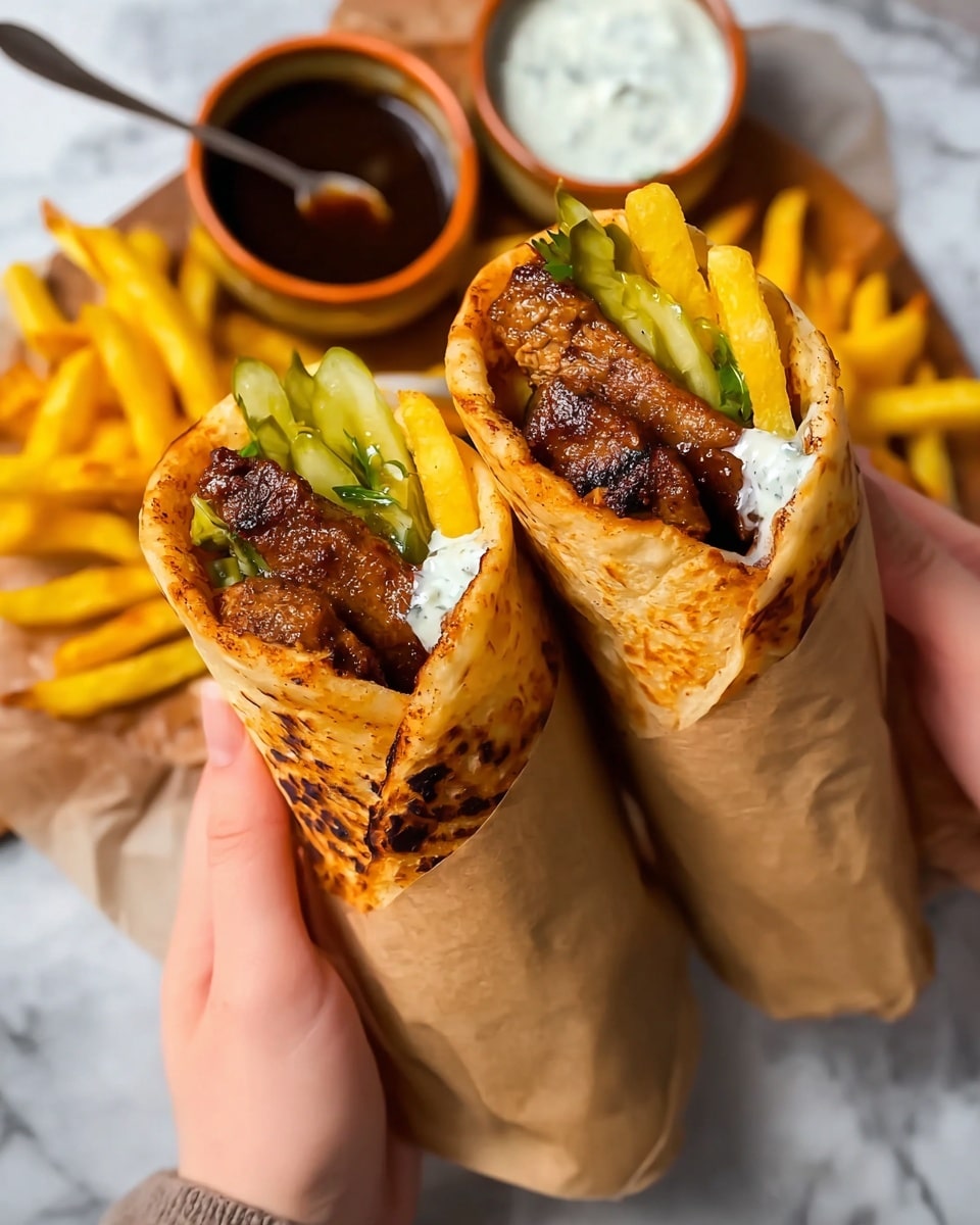 Two wraps held by a woman's hand each show three main layers: a dark yellow-orange tortilla with black seasoning spots forming the outer layer, inside is a brown grilled meat filling, and on top, a dollop of white sour cream with dark red sauce drizzled over it; there are also some green pickle slices peeking out from inside the wrap near the top. The wraps are partly wrapped in brown paper at the bottom. In the background on a white marbled texture, a wooden board holds golden yellow French fries, green pickle slices, a white bowl of sour cream with a spoon, and a wrapped wrap. Photo taken with an iphone --ar 4:5 --v 7