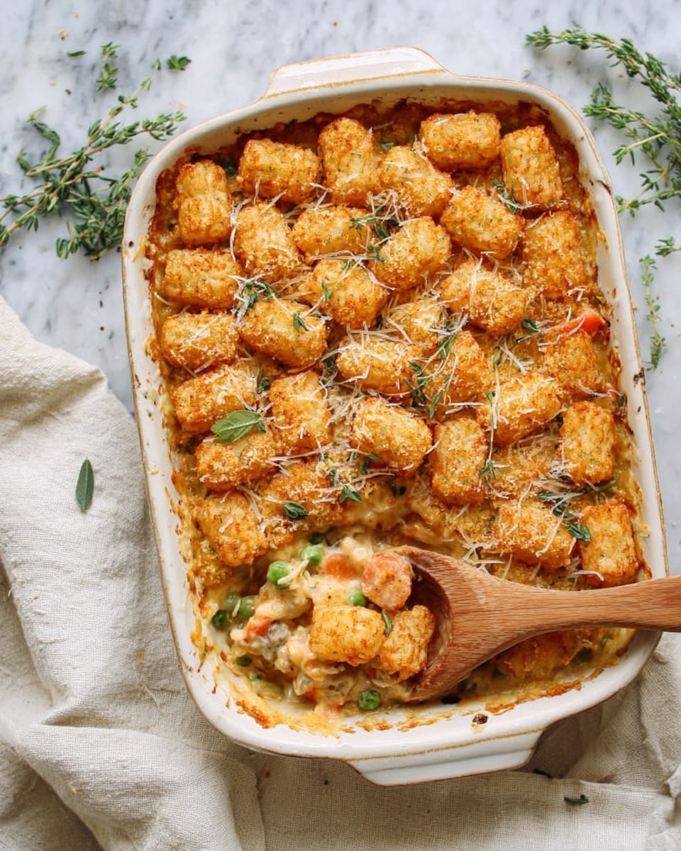 A rectangular white ceramic baking dish filled with a layer of golden-brown crispy tater tots on top, sprinkled with grated cheese and small green herb leaves. Beneath the tater tots, there is a creamy mixture showing light orange and white colors with visible pieces of vegetables like carrots and peas. A wooden spoon is scooping a portion from the dish, revealing the layers inside with mixed textures of creamy sauce and soft vegetables. The dish is set on a white marbled surface with sprigs of green herbs and a soft white cloth nearby. Photo taken with an iphone --ar 4:5 --v 7