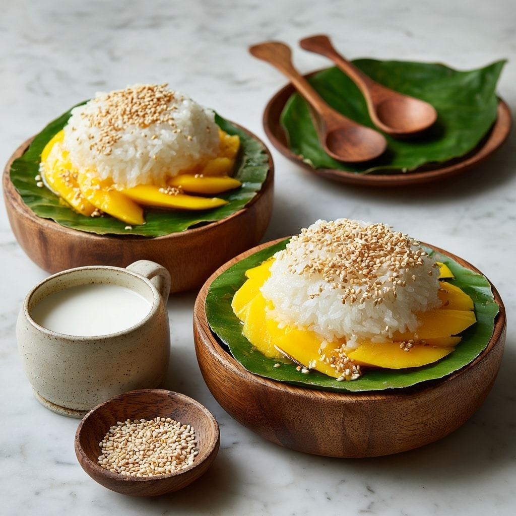 The image shows a wooden bowl lined with a green banana leaf, holding two main layers of food. On one side, there is a thick, bright orange-yellow mango puree with a smooth texture. Next to it is a layer of sticky purple rice, topped with light brown toasted coconut flakes scattered across its surface. A woman's hand is pouring a creamy white coconut sauce over the middle of the sticky rice, creating a contrast between the sauce and the purple rice. Another similar bowl is partially visible in the background, and wooden utensils lie nearby on a white marbled surface. Photo taken with an iphone --ar 4:5 --v 7