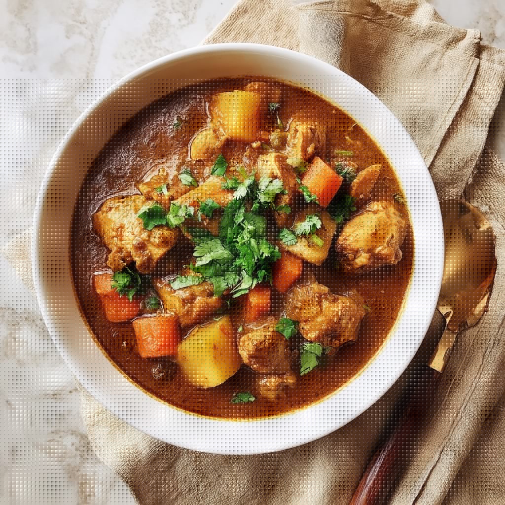 A large silver pot filled with a hot, steaming stew that has a thick yellow-orange broth. Inside the stew, there are many pieces of cooked chicken in chunky, irregular shapes, mixed with soft yellow potato pieces and small whole red and yellow peppers. The texture looks tender and rich, with some oil and spices floating on the surface. A silver spoon is stirring the stew inside the pot, and there is visible steam rising, creating a slightly foggy look over the food. The pot is placed on a stove top with a white marbled texture nearby. photo taken with an iphone --ar 4:5 --v 7