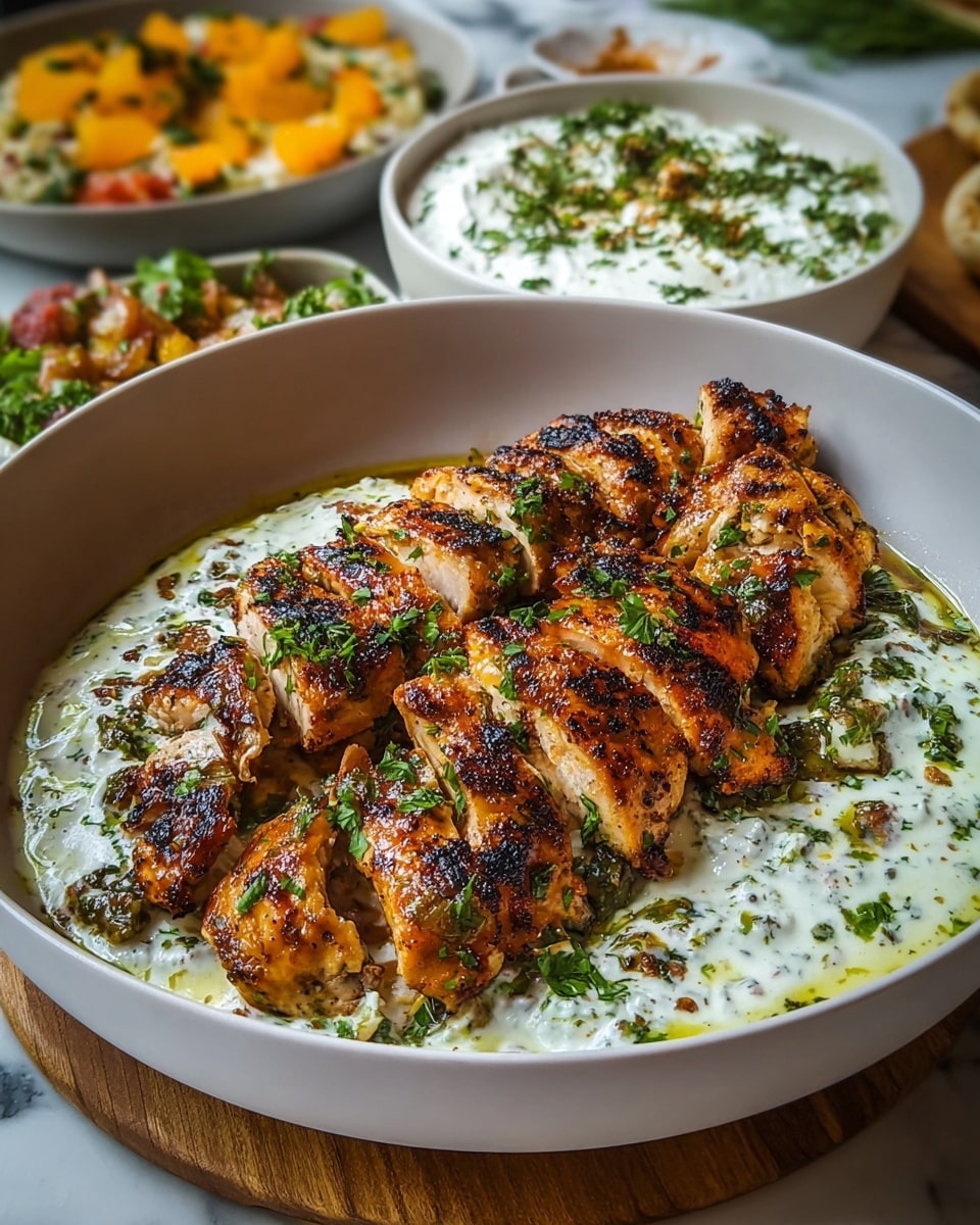 The dish shows a round white bowl filled with grilled chicken cut into thick pieces arranged close together in the center. The chicken has a golden-brown crust with char marks and is sprinkled with green chopped herbs. On one side of the bowl, there is a creamy white sauce with visible green herbs mixed in. The bowl is placed on a wooden board, all set on a white marbled surface. In the background, there are two white bowls with different foods, one with orange slices topped with herbs and another with a white creamy texture sprinkled with herbs. Some green herbs lie blurred near the back right side. photo taken with an iphone --ar 4:5 --v 7