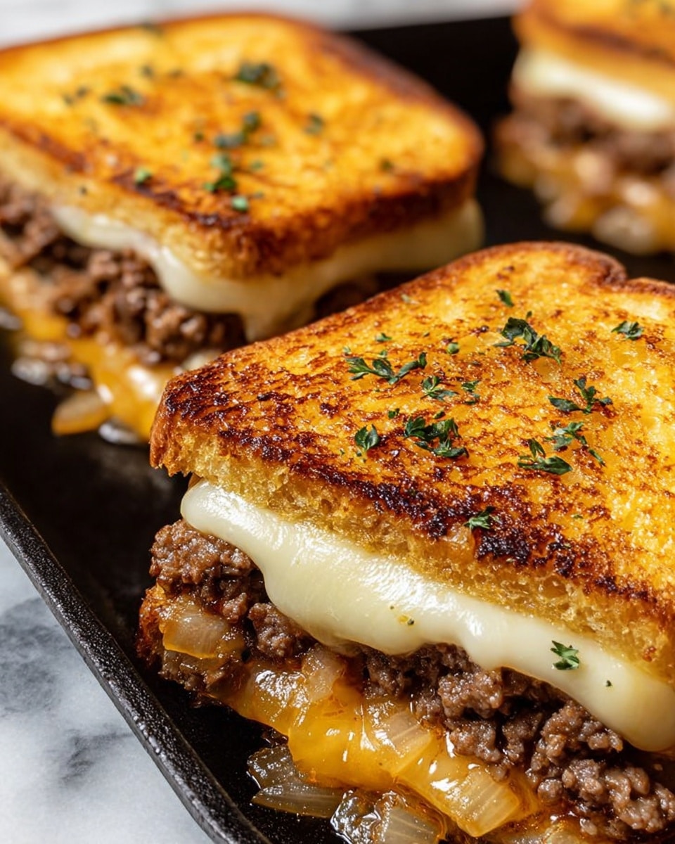 A close-up view of a grilled sandwich cut into squares, showing three pieces on a black pan with a white marbled surface beneath. Each sandwich has two golden-brown toasted bread layers, with a slightly crispy texture and small green herb bits sprinkled on top. Inside, there is a thick, creamy melted cheese layer, a brown cooked ground beef layer, and a light caramelized onion layer at the bottom. The cheese oozes slightly between the layers, and the fillings look soft and juicy. Photo taken with an iphone --ar 4:5 --v 7