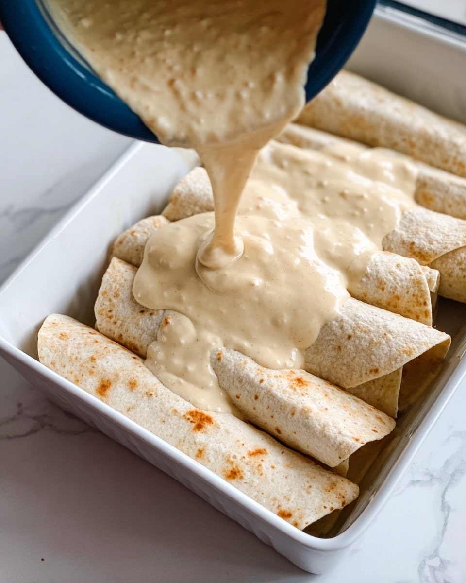The image shows a white rectangular dish filled with rolled tortillas arranged in one layer, their surface pale and slightly textured with a few small brown spots. A creamy, smooth sauce with a light beige color and a thick consistency is being poured over the tortillas, covering the top layer unevenly. The background is a white marbled surface, adding brightness to the scene. A woman’s hand holding a blue container is visible at the top left corner, tilting to pour the sauce. Photo taken with an iphone --ar 4:5 --v 7
