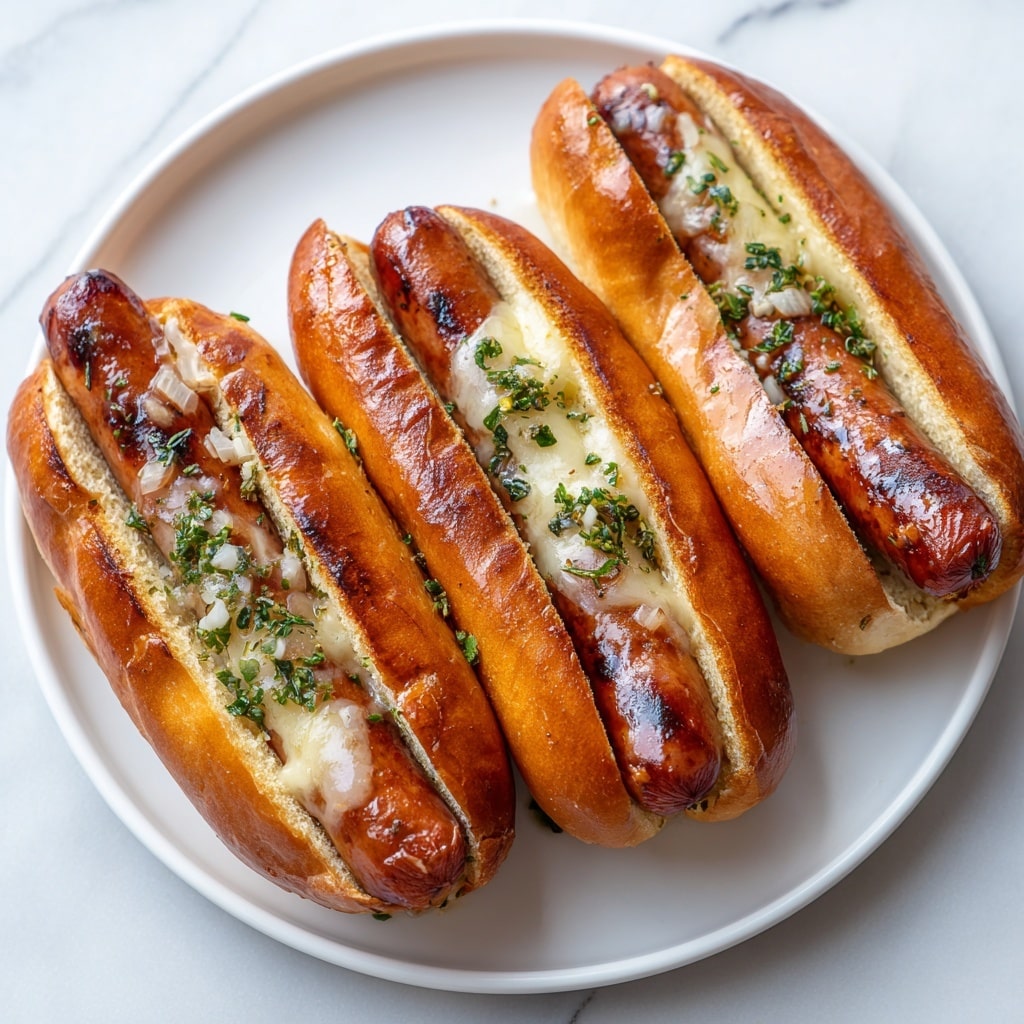 The image shows three hot dogs served side by side on a white plate placed on a white marbled surface. Each hot dog has a shiny, browned sausage with small cut marks running crosswise along the length, topped with small bits of white onions and green herbs scattered on top. The sausages sit inside soft, slightly toasted buns that have a golden brown color, with melted cheese visible inside the buns clinging to the sausage and bun. The lighting makes the hot dogs look juicy and appetizing with a slight gloss. photo taken with an iphone --ar 4:5 --v 7