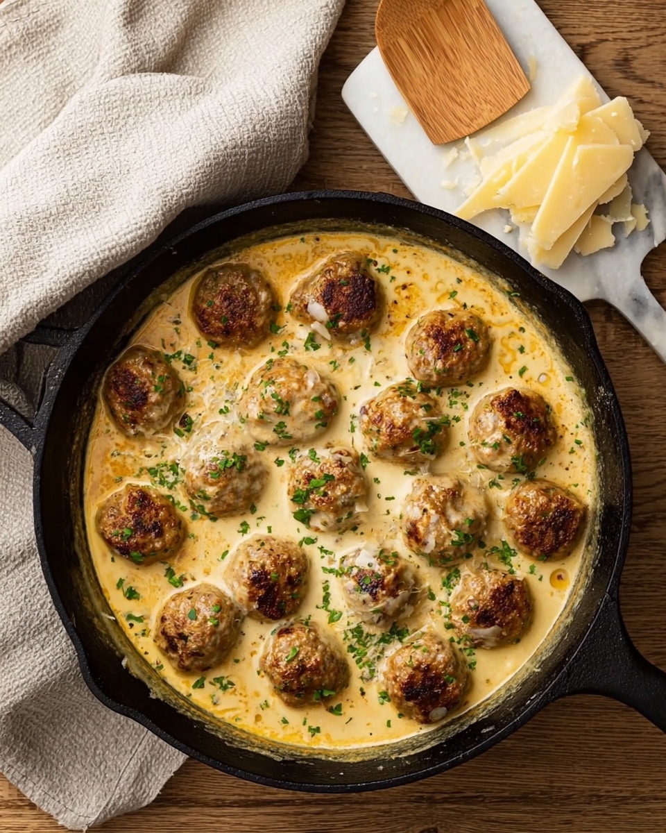 A black cast iron pan filled with about fourteen browned meatballs sitting in a creamy, light yellow sauce with specks of green herbs sprinkled over the top. The sauce has a slightly bubbly texture with some golden brown spots where it has cooked. The pan rests on a wooden surface with a wooden spatula and a wedge of pale yellow cheese with some shavings on a white marbled texture beside it. A light gray cloth is partially visible at the top left corner. photo taken with an iphone --ar 4:5 --v 7