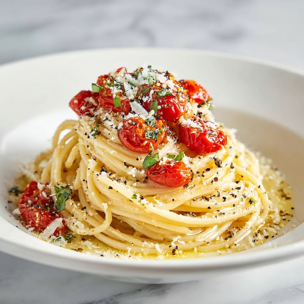 A white bowl filled with about three layers of spaghetti, each layer showing the pale yellow color and smooth texture of cooked pasta. Scattered on top and between the layers are vibrant red cherry tomato halves, some slightly roasted and shiny with light oil, adding rich red color and a juicy, soft texture. Finely grated white cheese is sprinkled generously over the pasta and tomatoes, adding a grainy look. Small bright green basil leaves are scattered on top, their fresh texture and color contrasting with the pasta and tomatoes. The whole dish sits on a white marbled surface, giving a clean and bright background. photo taken with an iphone --ar 4:5 --v 7