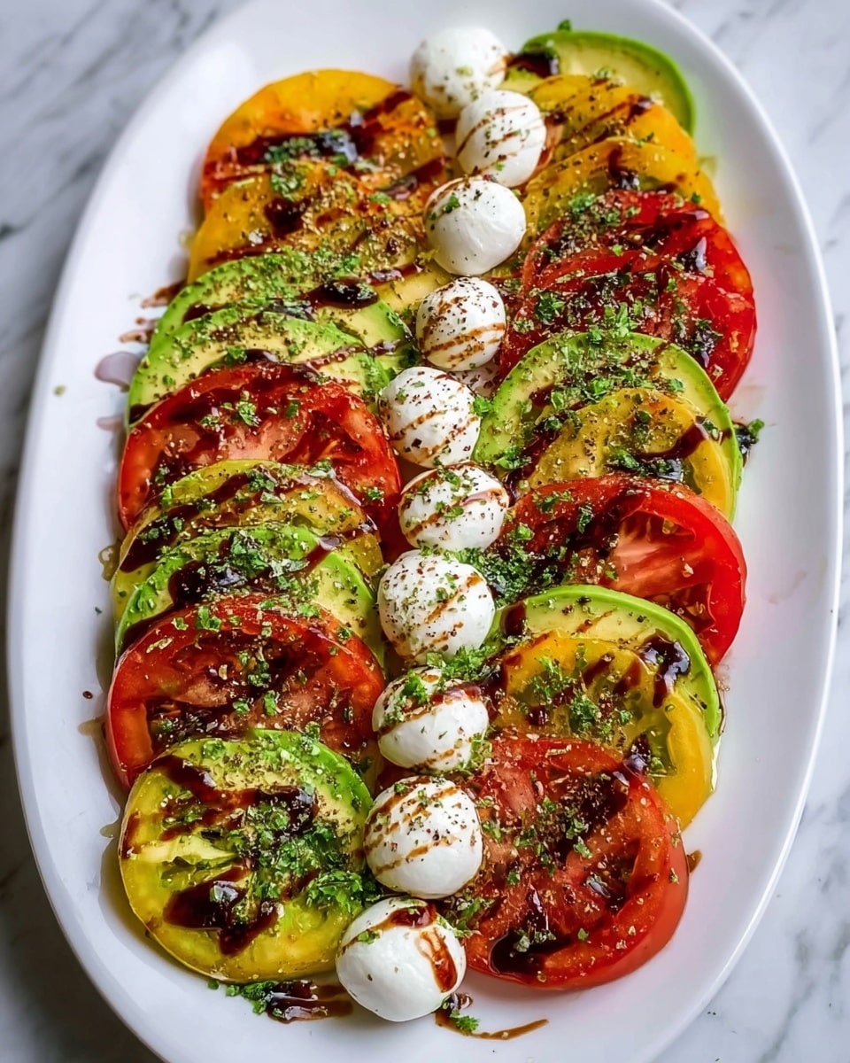 A white oval plate holds a colorful layered salad arranged in a neat pattern. The bottom layer alternates between thick red tomato slices, yellow tomato slices, and green avocado slices, each showing smooth, juicy textures and vibrant colors. On top of these are small white mozzarella balls scattered evenly across the dish. The entire plate is drizzled with dark balsamic glaze and sprinkled with finely chopped green herbs and coarse black pepper seasoning. The surface beneath the plate is a white marbled texture. photo taken with an iphone --ar 4:5 --v 7