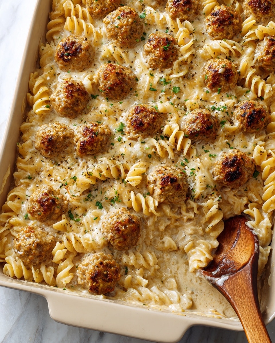 The image shows a close-up top view of a creamy pasta dish with round meatballs in a white rectangular baking dish. The bottom layer is twisted rotini pasta covered in a thick, creamy white sauce that looks cheesy. On top, there is a layer of golden-brown meatballs, each with a slightly crispy and speckled surface, evenly spread across the dish. Small green herb pieces are sprinkled over the pasta and meatballs, adding contrast in color. A wooden spoon is partially buried in the pasta on the right side, with sauce and pasta clinging to it. The baking dish sits on a white marbled surface. Photo taken with an iphone --ar 4:5 --v 7