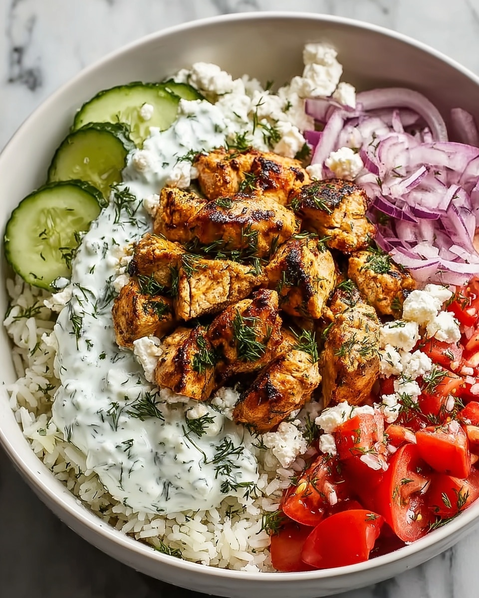 A white bowl on a white marbled surface holds a layered dish starting with a base of white rice sprinkled with white crumbled cheese around the edges. On top of the rice and cheese, there is a pile of grilled chicken pieces, golden brown with char marks and small green herb sprinkles. Next to the chicken, there is a creamy white sauce with green herb bits, appearing smooth and thick. A mix of diced red tomatoes, thinly sliced purple onions, and green cucumber slices form colorful sections around the chicken and sauce, adding a fresh, vibrant look to the bowl. photo taken with an iphone --ar 4:5 --v 7
