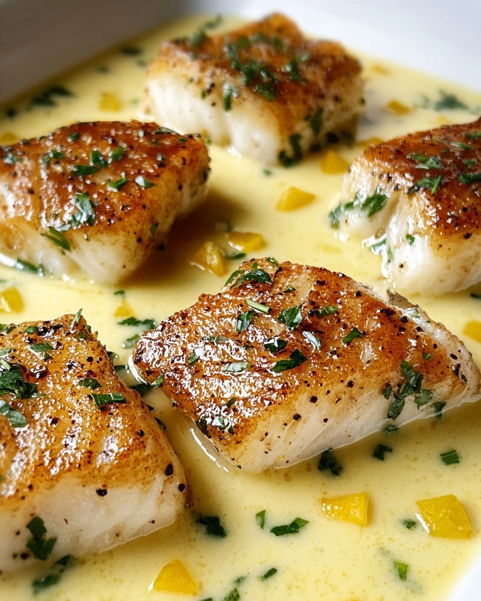 The image shows four pieces of seared white fish with a golden brown crust on top, placed evenly in a white dish. Each piece displays visible grill marks and is set in a creamy yellow sauce which has small green herb pieces and corn kernels scattered throughout. The fish looks moist and tender with a smooth texture underneath the crust, and the sauce appears rich and slightly thick, pooling gently around the fish. The white dish sits on a white marbled surface. photo taken with an iphone --ar 4:5 --v 7