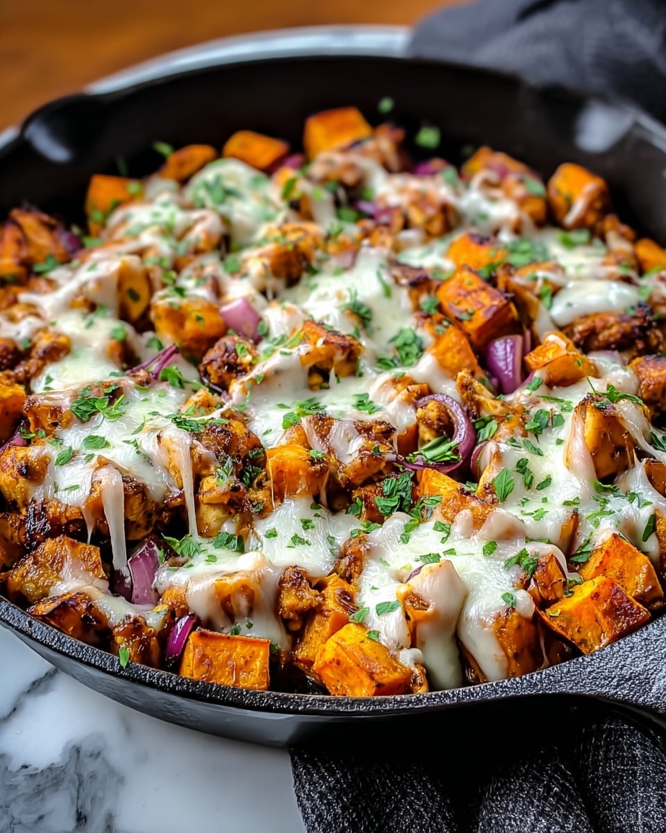 A black cast iron skillet filled with a dish made of three main layers: the bottom layer has orange roasted sweet potato cubes scattered all around, the middle layer shows browned, grilled chicken pieces mixed with purple chunks of cooked red onion, and the top layer consists of melted white cheese draped over the chicken and vegetables, sprinkled with finely chopped green herbs. The skillet sits on a white marbled surface with a dark cloth partially visible below it. photo taken with an iphone --ar 4:5 --v 7