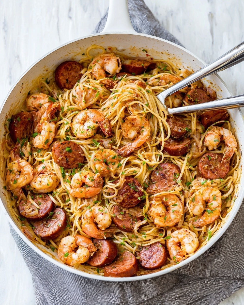 A white pan filled with a mix of pasta, shrimp, and sausage slices. The first layer is long, yellowish pasta strands that fill most of the pan. Scattered on top are many small shrimp with a light orange color and a slight shine. Around the shrimp, there are thick slices of browned sausage, showing some spices on their surface. Small green bits of chopped herbs are spread over the dish, adding a touch of color. A pair of silver tongs rests on the right side of the pan, partly buried in the food. The pan sits on a light gray cloth on a white marbled surface. photo taken with an iphone --ar 4:5 --v 7