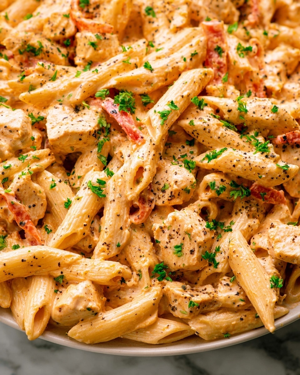This close-up image shows a creamy pasta dish with three main layers visible. The base layer is penne pasta, light beige in color with a smooth texture, mixed evenly throughout. The second layer consists of chunks of chicken, light brown with a slightly firm texture, scattered well among the pasta. The third layer is a creamy sauce coloring the whole dish light orange, with some slices of red bell pepper adding a pop of red color. The dish is garnished with chopped green parsley and sprinkled with black pepper for added texture on top. The photo is taken on a white marbled surface. Photo taken with an iphone --ar 4:5 --v 7
