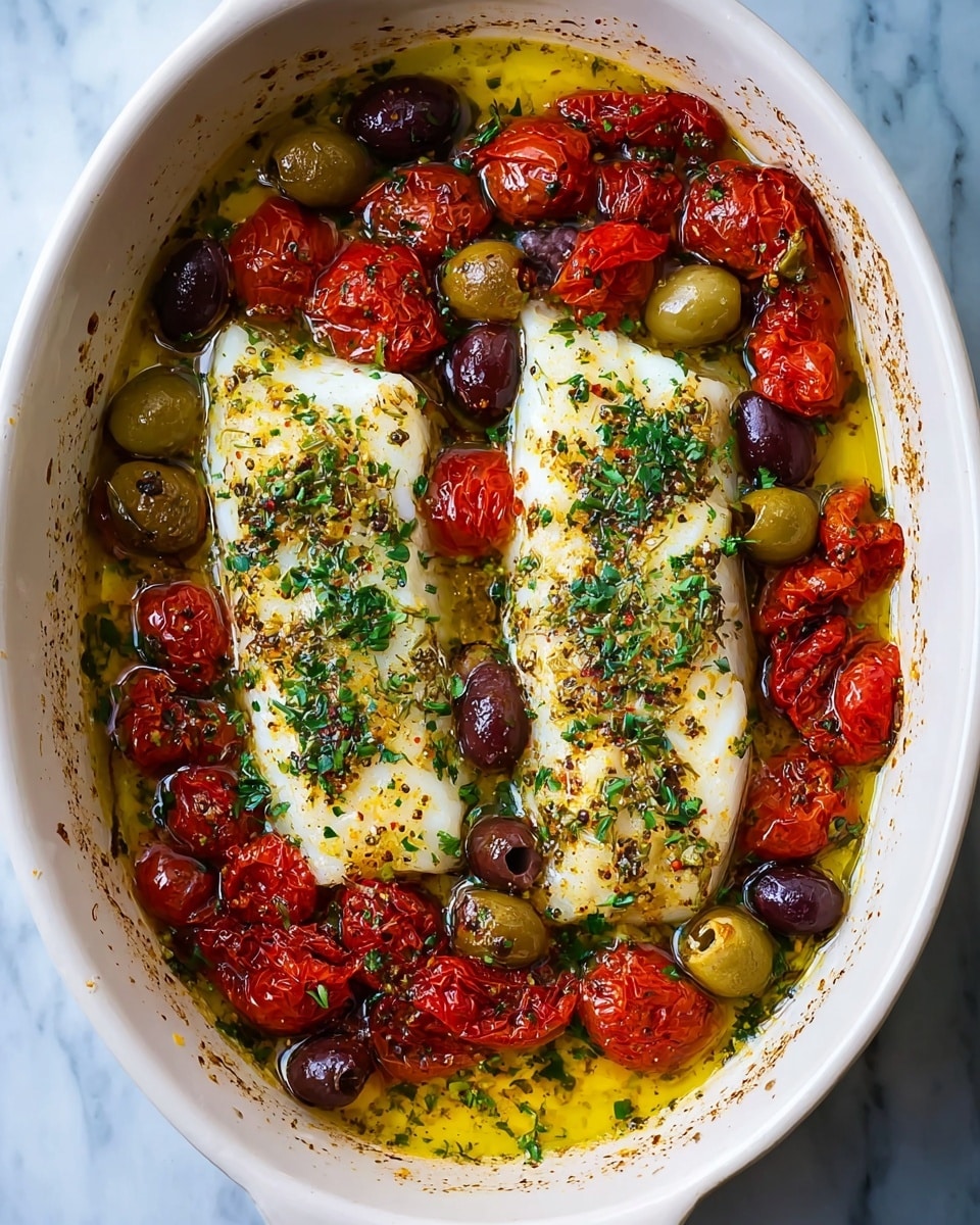 This image shows two pieces of golden brown cooked fish fillets with a crispy texture on top, placed side by side in a bowl. Surrounding the fillets are layers of bright red cherry tomatoes, green olives, and thin yellow lemon slices, all resting in a pool of golden olive oil mixed with herbs. Fresh green sprigs of thyme are scattered on top and around the fish and vegetables, adding texture and color. The bowl is white with a visible smooth surface, placed on a white marbled texture. photo taken with an iphone --ar 4:5 --v 7