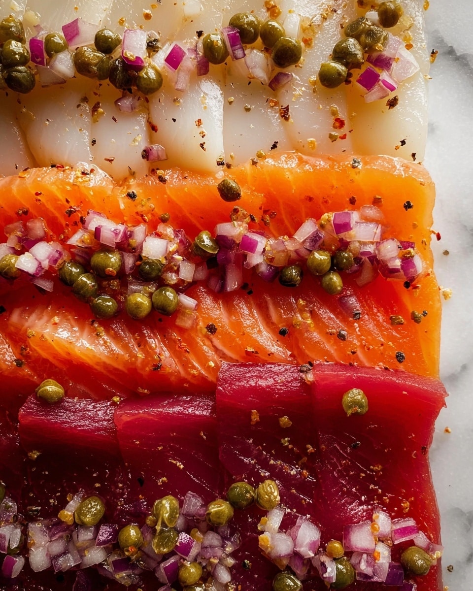 This image shows three layers of thinly sliced fish arranged closely side by side on a white marbled surface. The top layer is translucent white scallops with a slightly glossy texture, sprinkled with small pieces of finely chopped red onion and small green capers. The middle layer is bright orange salmon with a soft, shiny texture, also garnished with chopped red onions and capers. The bottom layer is deep red tuna with a smooth, moist look, sprinkled with more chopped red onions, capers, and a light dusting of black pepper. The colors and textures give a fresh and vibrant appearance. Photo taken with an iphone --ar 4:5 --v 7