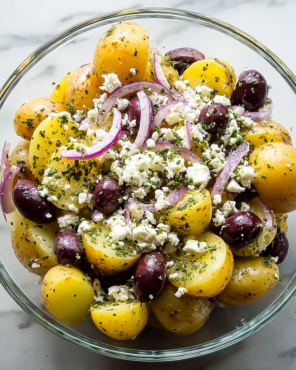 A clear glass bowl is filled with a mix of halved golden baby potatoes seasoned with black specks and fresh green herbs, whole and sliced dark purple Kalamata olives, chopped pieces of purple-red onion, and crumbled white feta cheese scattered on top and throughout the salad. The ingredients show a mix of smooth, rough, and crumbly textures with a slight sheen of dressing visible on the potatoes and olives, all set against a white marbled surface. photo taken with an iphone --ar 4:5 --v 7