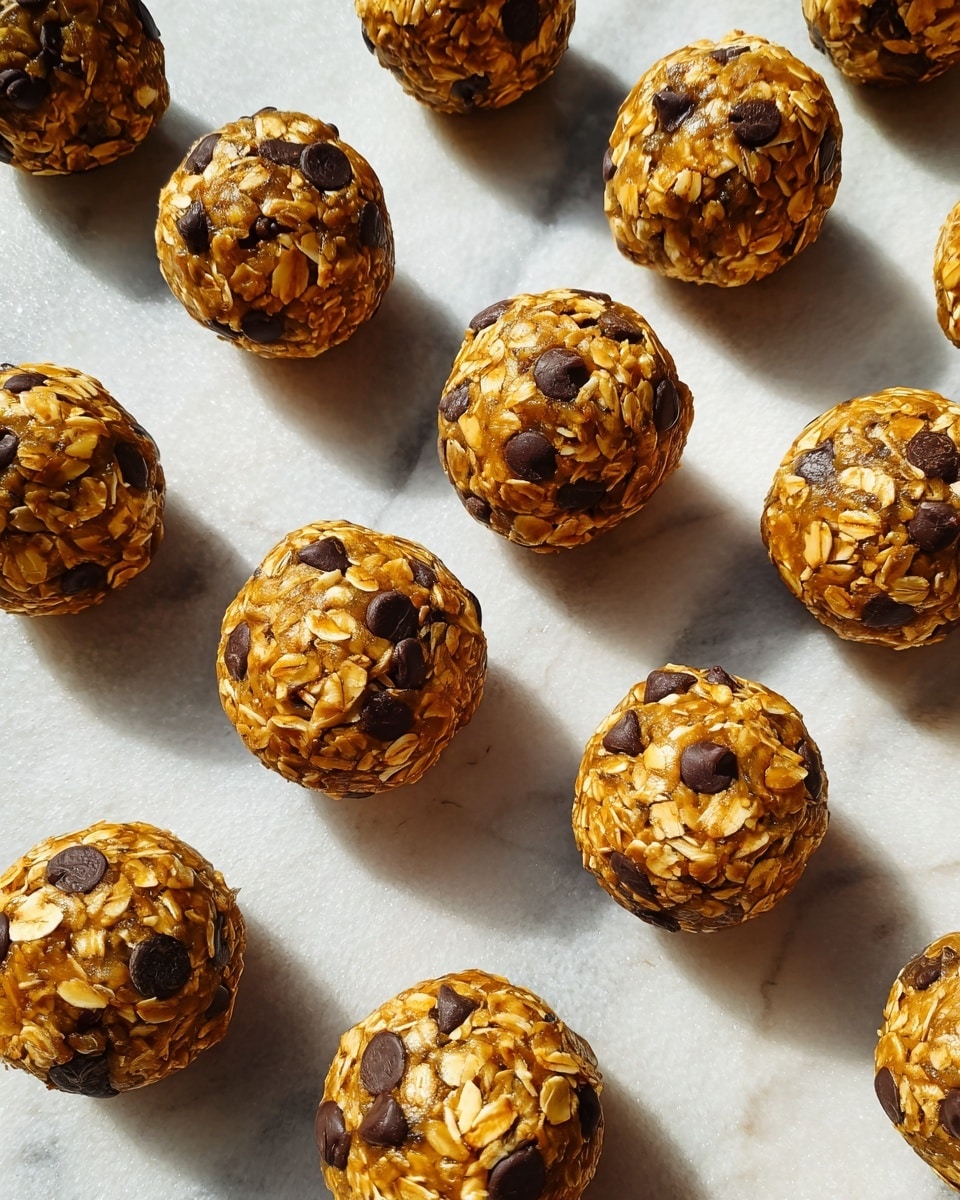 A white plate holds a neat pile of round energy balls made with visible oats and chocolate chips. The energy balls have a golden brown color mixed with beige oat flakes and small dark brown chocolate chips scattered throughout. They are stacked tightly with one ball resting on top, creating a three-layer structure. The texture is rough due to the oats and smooth shiny spots from the sticky binding ingredients. The background is a white marbled surface with a soft natural light. photo taken with an iphone --ar 4:5 --v 7