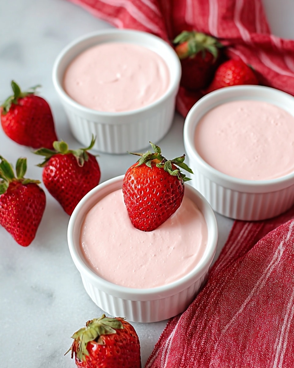 The image shows three white bowls filled with smooth, pink strawberry mousse that looks creamy and light. Each bowl is full to the top with the mousse, which has a soft, slightly bubbly texture on the surface. A whole, red strawberry with green leaves is placed on the edge of one bowl, and several more strawberries are scattered around the bowls on a white marbled surface with a textured light gray mat underneath. Two shiny silver spoons rest side by side near the bowls. The scene is bright and clean with soft natural lighting. photo taken with an iphone --ar 4:5 --v 7