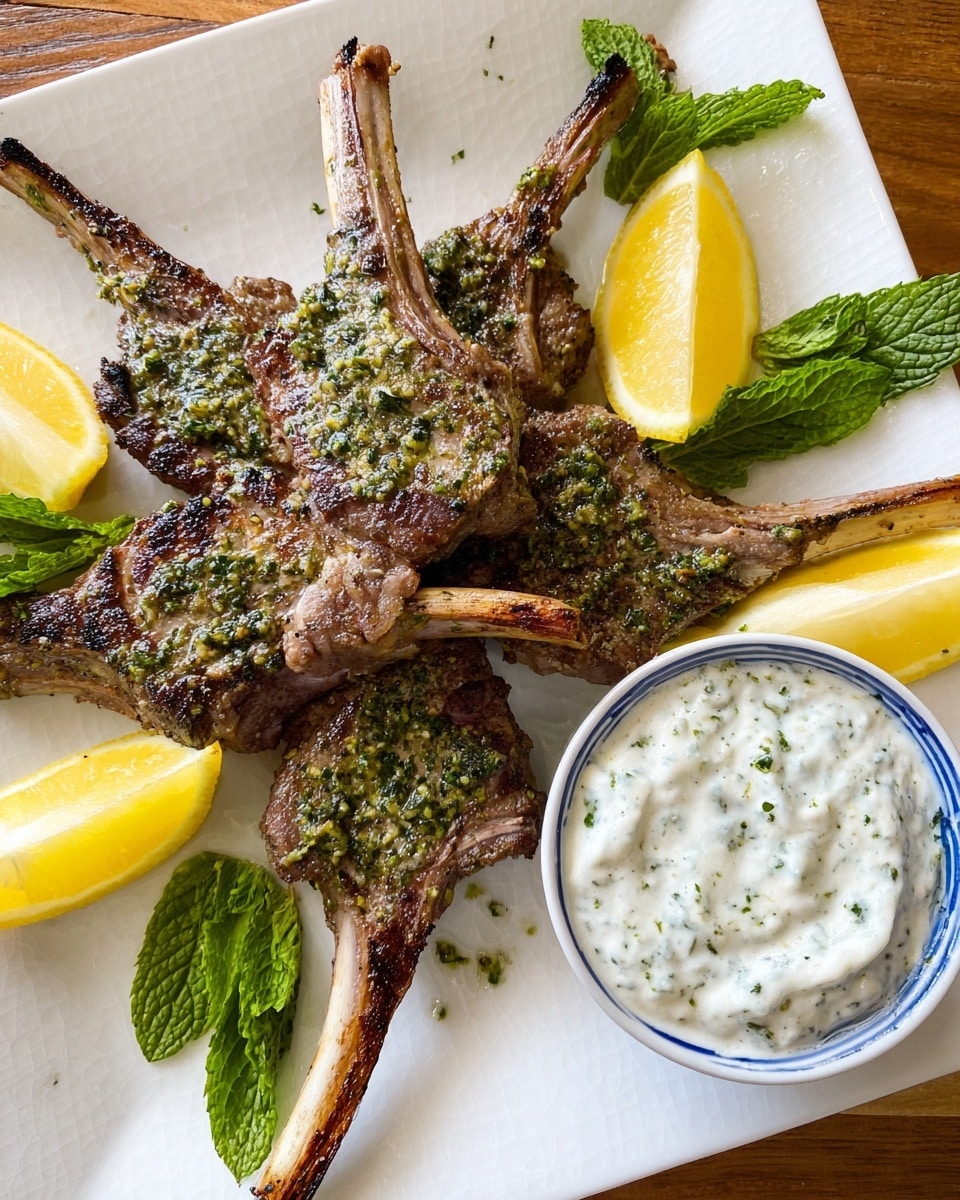 A white square plate holds six grilled lamb chops arranged in a circle with their bones pointing outward, each chop showing a browned, slightly charred texture and a green herb-garlic sauce spread on top. Between the lamb chops are four bright yellow lemon wedges, positioned evenly around the circle. Fresh green mint leaves are placed in three spots around the lamb chops. A small round white bowl filled with a creamy white sauce flecked with herbs sits near the top right of the plate. The plate is set on a wooden table with a white marbled texture background. Photo taken with an iphone --ar 4:5 --v 7
