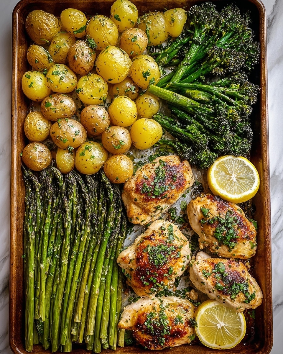 A rectangular baking tray filled with a colorful sheet-pan meal arranged in distinct sections: the top and middle right with small yellow roasted potatoes seasoned with herbs, the top left with bright green roasted broccolini with a slightly charred texture, the bottom left with vibrant roasted asparagus spears glistening with oil and seasoning, and three golden-brown, seared chicken breasts garnished with finely chopped green herbs placed beside the potatoes, with three thin lemon slices resting on the top right corner. The tray is on a white marbled surface. photo taken with an iphone --ar 4:5 --v 7