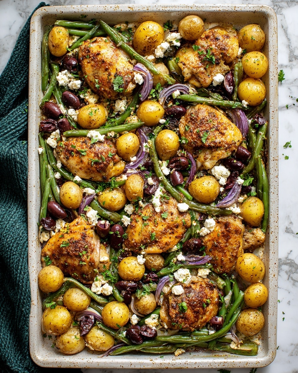 The image shows a large metal baking tray filled with a colorful one-pan meal. There are six pieces of golden-brown roasted chicken thighs spread evenly across the tray. Surrounding the chicken are many halved small yellow potatoes with a slightly crispy skin, bright green roasted green beans, and slices of browned onions. Scattered throughout the dish are dark purple olives and small white crumbles of feta cheese. Fresh green parsley pieces are sprinkled over everything, adding a touch of brightness. The tray is placed on a white marbled surface with a green cloth showing on the left side. photo taken with an iphone --ar 4:5 --v 7