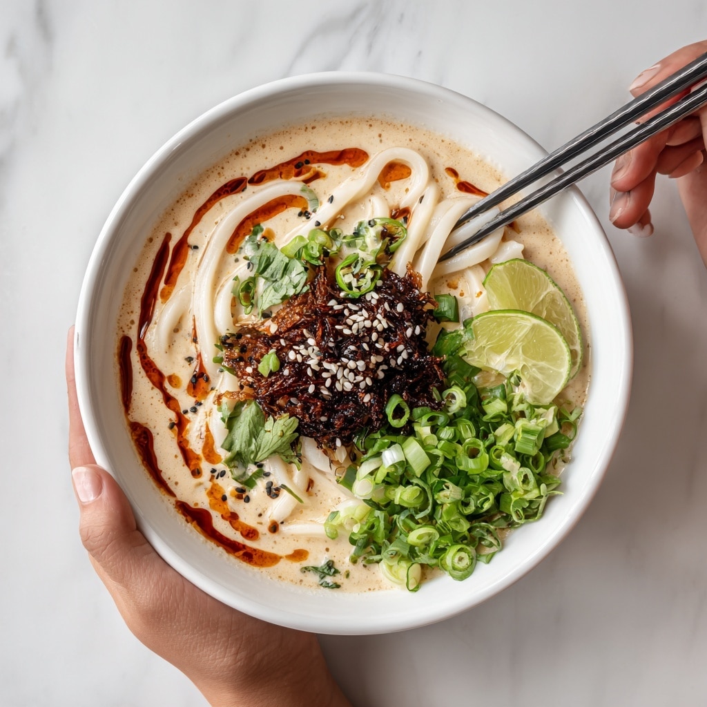 The dish is presented in a white bowl with a creamy beige soup base filling most of the bowl. On the top left, there is a layer of dark, crispy fried bits sprinkled with white sesame seeds. To the right side, a bunch of fresh green onion slices add color and texture. A slice of lime peeks from the right side, partially submerged. In the center, thick udon noodles twisted around metal chopsticks are lifted slightly above the soup. Dark red-brown chili oil swirls through the broth, creating a vibrant contrast with the cream color. The bowl sits on a white marbled surface, and a woman's hand is holding the chopsticks. Photo taken with an iphone --ar 4:5 --v 7