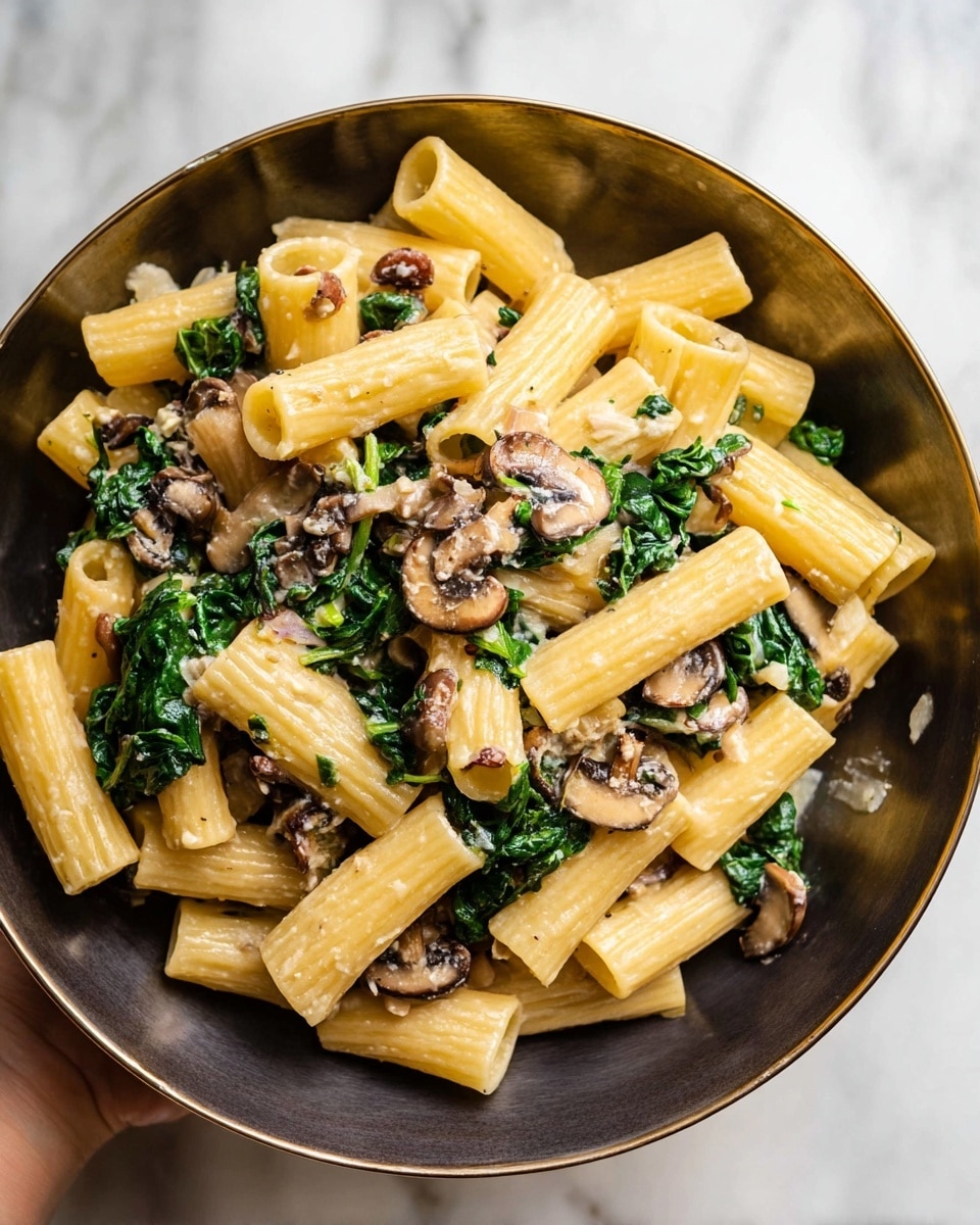 A close-up view of a bowl filled with rigatoni pasta, mixed with sautéed spinach and sliced mushrooms. The rigatoni is light yellow with a smooth texture, filling most of the bowl. Dark green spinach leaves are scattered throughout, adding a fresh look, while browned mushroom pieces are mixed in, providing additional texture. Small bits of a creamy, light sauce cling to the pasta and vegetables. The bowl is dark but placed on a white marbled surface, and a woman's hand holds the bowl at the right side. photo taken with an iphone --ar 4:5 --v 7