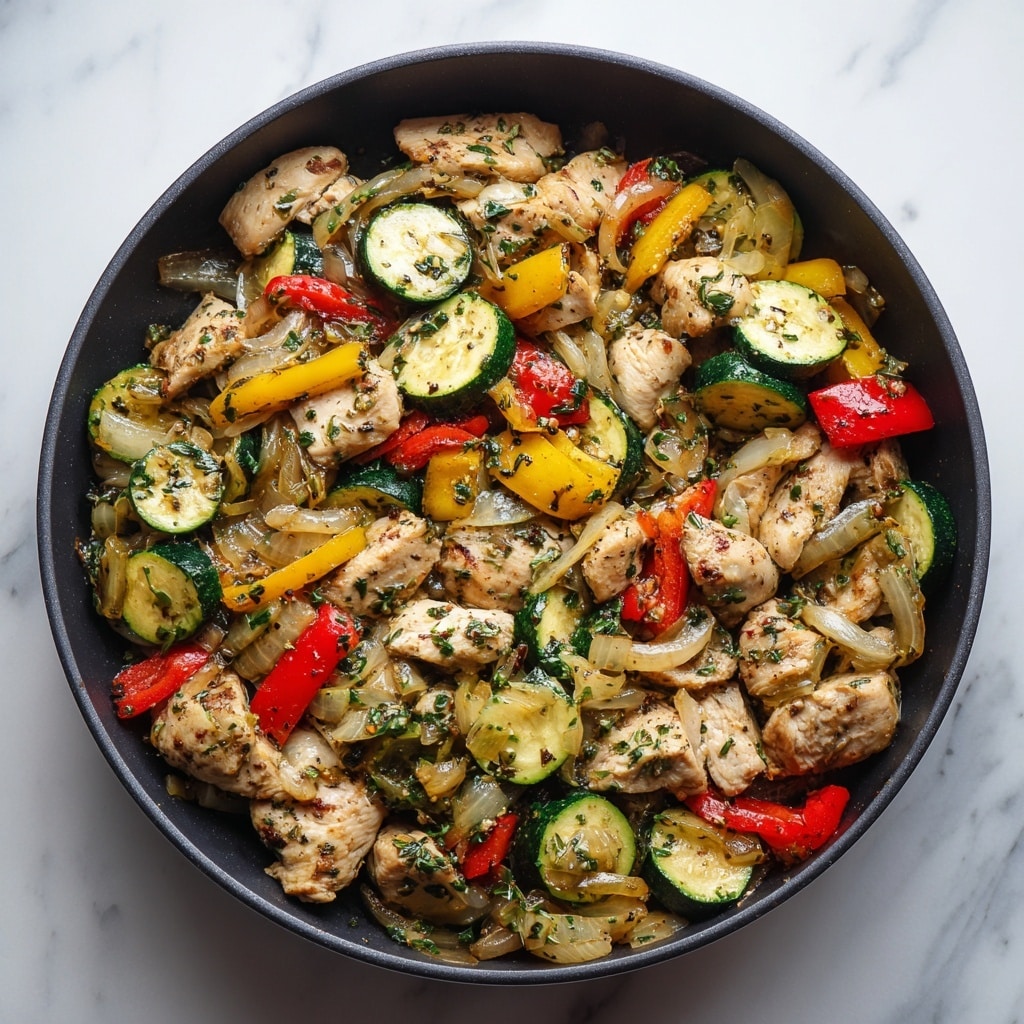 The dish shows multiple pieces of golden-brown grilled chicken layered with green zucchini slices cut into half-moons and small chunks of red and yellow bell peppers along with translucent cooked onions, all mixed closely in a single pan. The chicken has visible herbs sprinkled on top, and the vegetables have a soft texture with a bit of shine from cooking oil, creating a colorful and fresh look. photo taken with an iphone --ar 4:5 --v 7