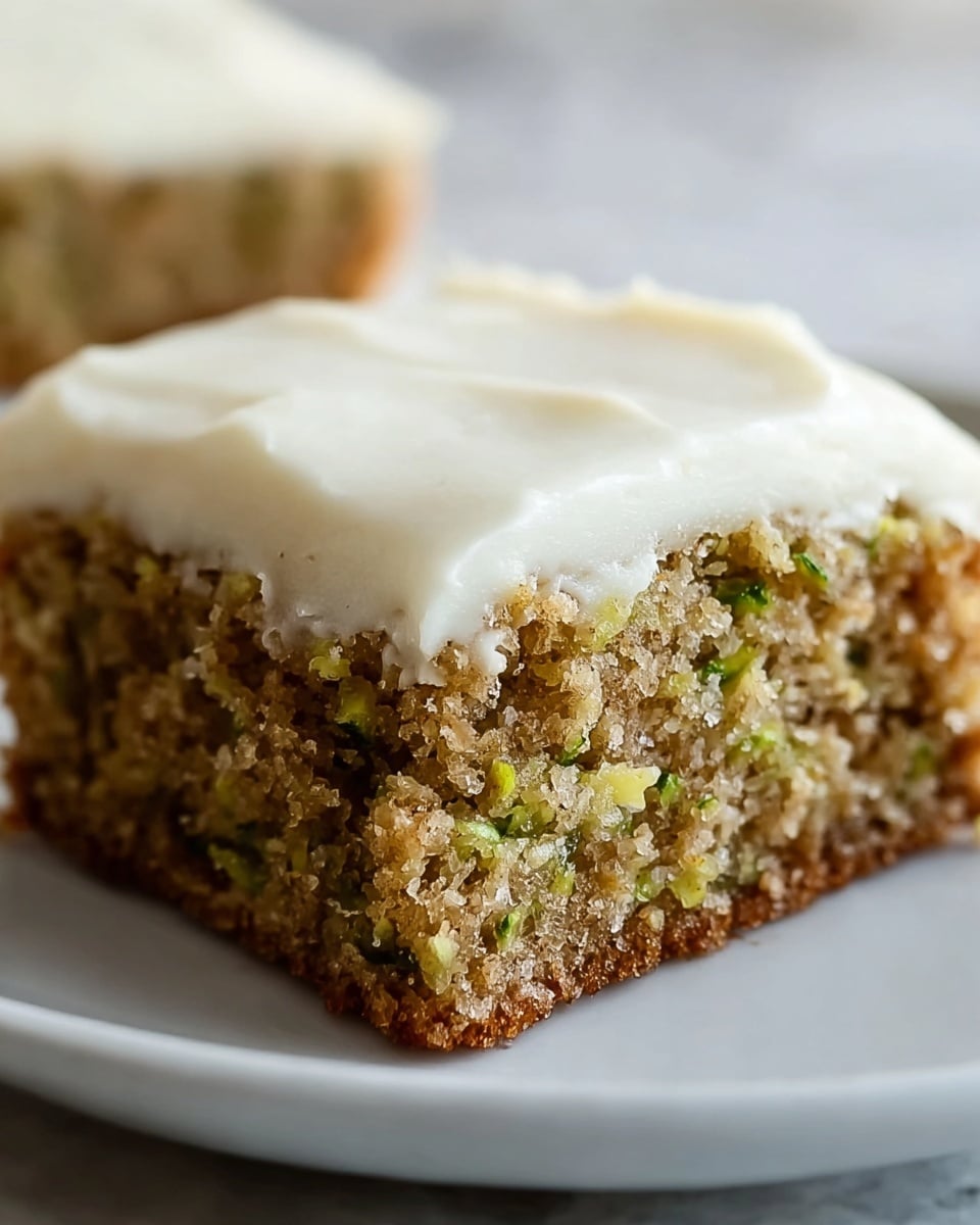 A white rectangular dish holds nine square pieces of cake with two layers; the bottom layer is light brown with small green specks and a moist, crumbly texture, while the top layer is thick, smooth, and creamy white frosting spread evenly over each piece. One piece is slightly tilted out of place, showing the contrast between the moist cake and the soft frosting. The dish is placed on a white marbled surface with a light-colored cloth partially visible below the dish. photo taken with an iphone --ar 4:5 --v 7