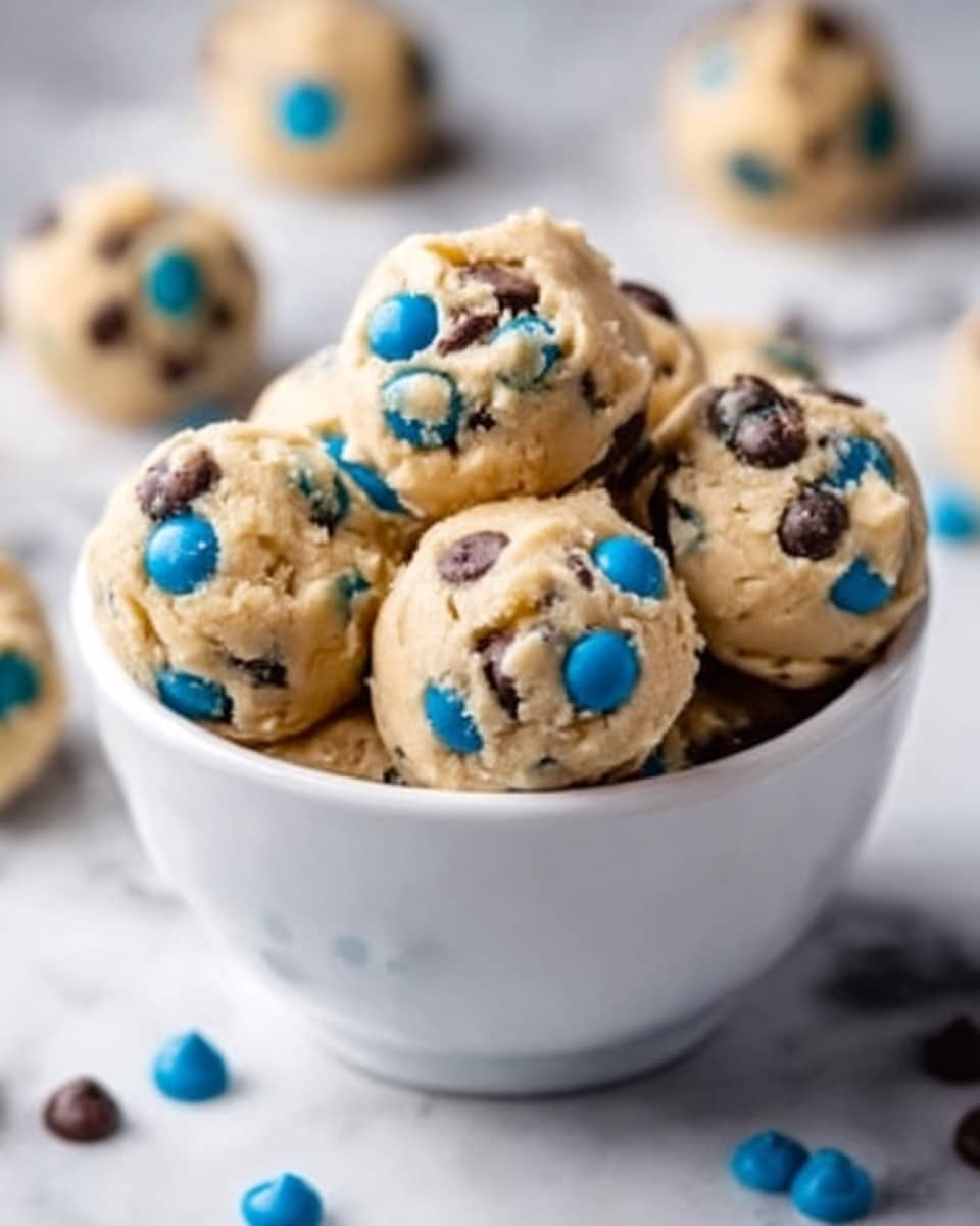 A white bowl filled with multiple round scoops of cookie dough bites, each scoop light beige with a smooth, slightly textured surface, dotted generously with dark chocolate chips and scattered bright blue candy pieces. The scoops are stacked closely, creating a mound that fills the bowl to the top. The background and surface beneath the bowl show a white marbled texture, adding a clean and simple look. Photo taken with an iphone --ar 4:5 --v 7