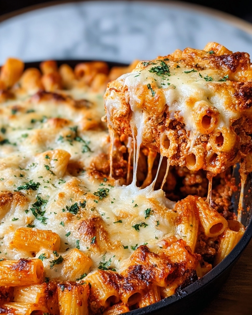 A close-up view of a baked pasta dish in a black baking pan with three main layers. The bottom layer is thick with rich red tomato sauce mixed with creamy, light-colored ricotta cheese and small bits of meat. The middle layer consists of rigatoni pasta, tube-shaped and golden, covered with some sauce. The top layer is a bubbly, melted cheese crust, golden brown and white, sprinkled with small green chopped herbs for garnish. A portion is being lifted, showing strings of melted cheese stretching between the slice and pan, all set on a white marbled surface. photo taken with an iphone --ar 4:5 --v 7