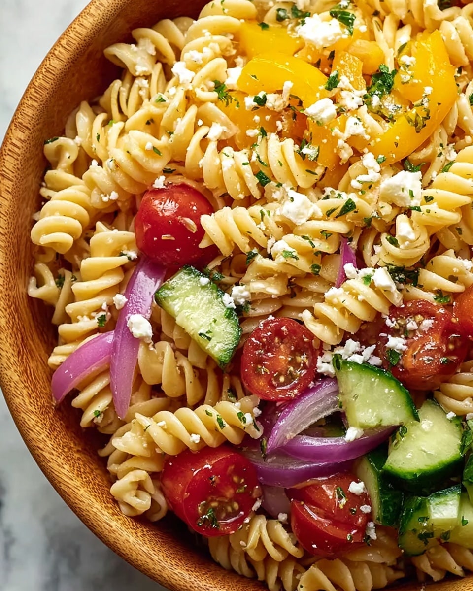 The image shows a wooden bowl filled with a colorful pasta salad. The bottom layer is made of spiral rotini pasta in a light yellow color. Mixed within and on top are slices of green cucumber, halved red cherry tomatoes, and small pieces of yellow bell pepper. There are also small bits of white crumbled cheese scattered evenly over the salad, along with some thin slices of purple onion. The bowl sits on a white marbled surface, with a white cloth partially visible under the bowl. In the background, there is a whole red onion, a small bowl of cheese, and a small white dish with slices of red onion. Photo taken with an iphone --ar 4:5 --v 7