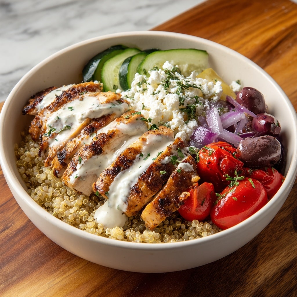 A white bowl filled with a colorful Mediterranean dish is placed on a wooden surface with a white marbled texture visible nearby. The bottom layer is light beige quinoa, covering the entire base of the bowl. Above the quinoa, slightly left, is a thick layer of golden-brown grilled chicken breast, cut into slices and topped with creamy white sauce drizzled unevenly. To the top right, bright green cucumber slices are stacked together with a small sprinkle of white dressing and herbs. Next to the cucumber, there is a pile of white, crumbly feta cheese. Adjacent to the cheese are dark purple Kalamata olives. At the bottom right side, halved bright red cherry tomatoes with a sprinkle of green herbs add vivid color. Directly below the chicken and tomatoes, a layer of soft, purple roasted onions appears, also lightly coated with the same white sauce and garnished with herbs. Photo taken with an iphone --ar 4:5 --v 7