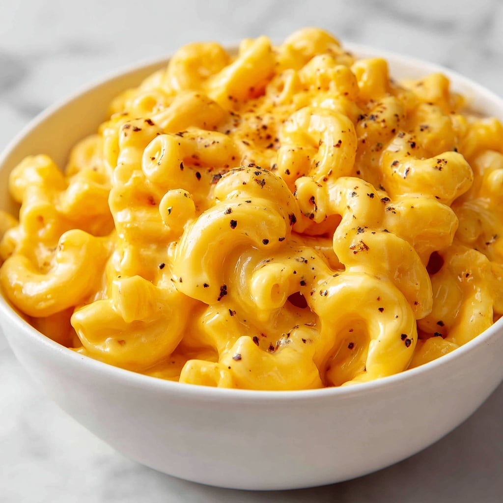 A close-up view of creamy macaroni and cheese served in a white bowl, showing about two layers of elbow macaroni pasta coated evenly with thick, smooth, bright yellow cheese sauce dotted with small black pepper flakes. The cheese sauce has a glossy texture, clinging to each piece of pasta while filling the bowl almost to the top. The background features a white marbled texture but is out of focus. photo taken with an iphone --ar 4:5 --v 7